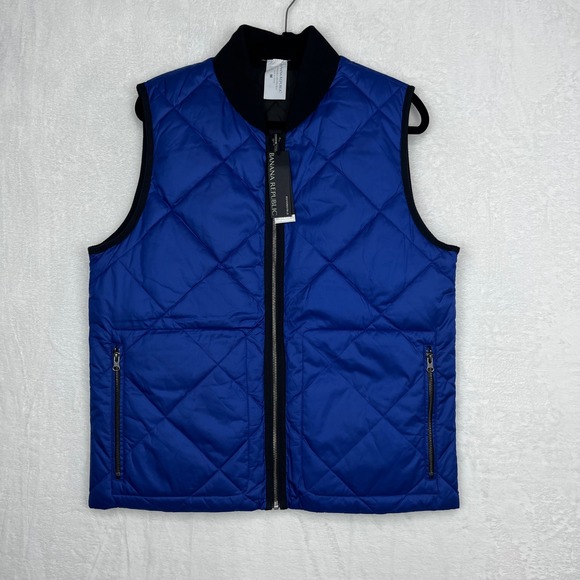 Banana Republic Reversible Quilted Puffer Performance Vest Mens M Black Blue NWT